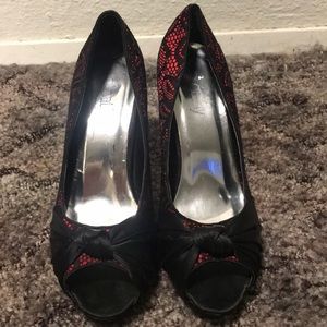 Red lace with black satin heels  size 8 1/2